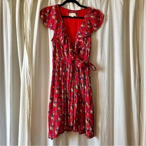 ANTHROPOLOGIE Maeve Rosalia Red Floral Faux Wrap Dress in Women’s Size 10